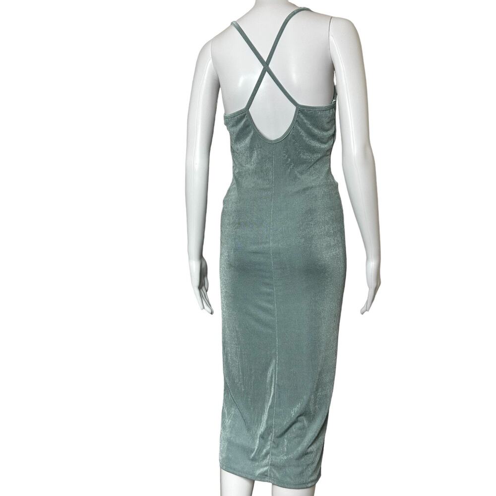 21 SAINTS Womens Sz S Green Midi Dress Crowl Neck Low Back Side Slit Shiny Fairy - Picture 2 of 12